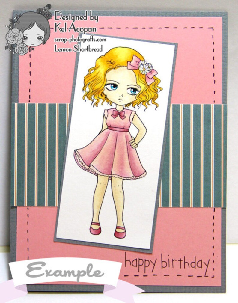 May include: A pink birthday card featuring a cartoon girl in a pink dress with a flower in her hair. The card has a grey border and the text "happy birthday!" and "Example" on it.