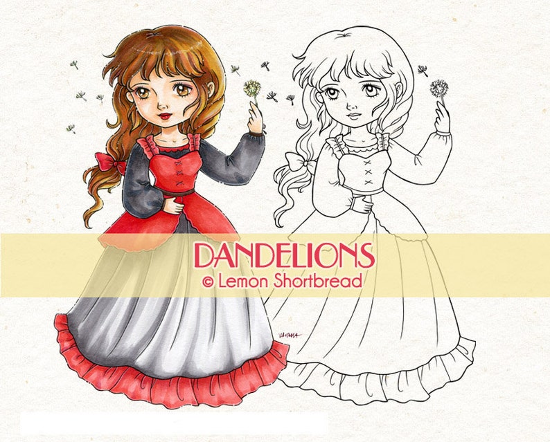 May include: A digital illustration of a girl in a red and white dress blowing on a dandelion. The image is in color and includes a black and white outline of the girl.