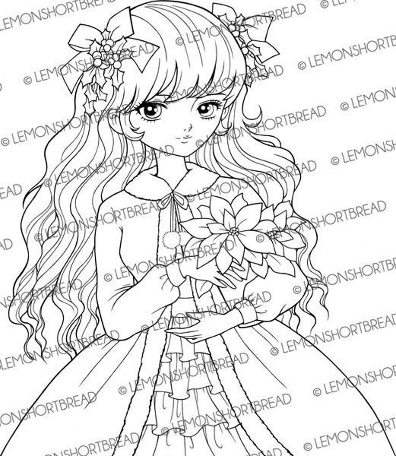 Digital Stamp Christmas Poinsettia Girl, Digi Printable Coloring Page, Winter Shoujo, Anime Art Download image 1