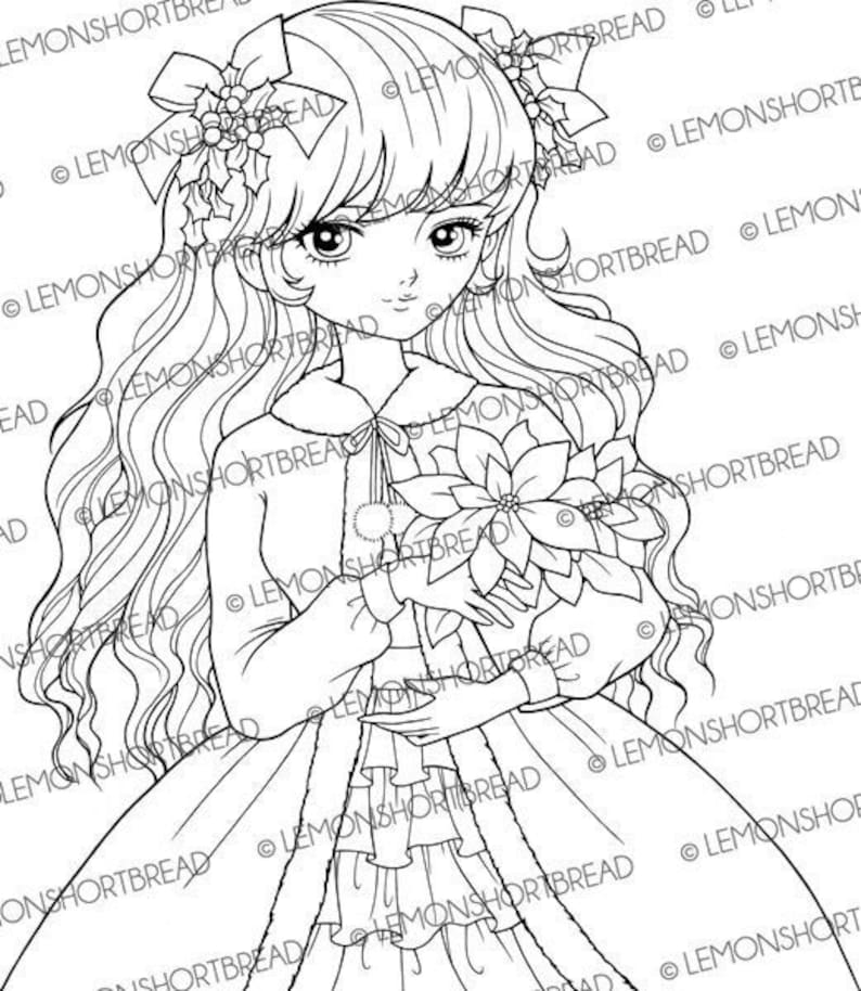 May include: A black and white line drawing of a girl with long hair wearing a winter coat and holding a poinsettia flower. She is wearing a bow in her hair and a necklace.