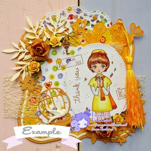 Peut inclure: Une carte jaune et blanche avec une illustration de fille, une cage &agrave; oiseaux et le texte "thank you". La carte est d&eacute;cor&eacute;e de fleurs, de feuilles et d'autres embellissements.