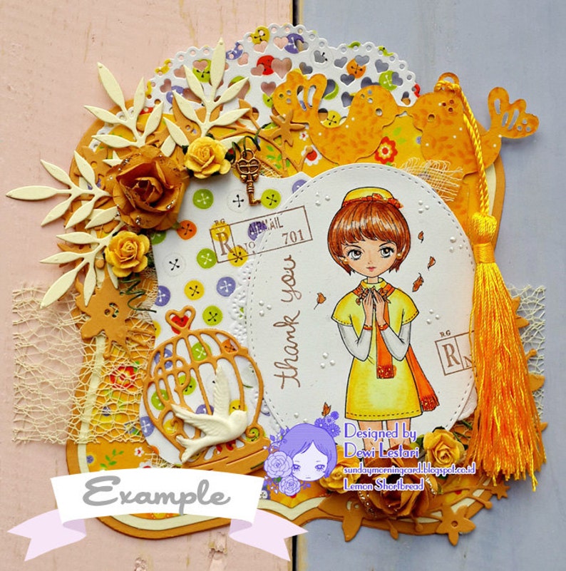 Peut inclure: Une carte jaune et blanche avec une illustration de fille, une cage &agrave; oiseaux et le texte "thank you". La carte est d&eacute;cor&eacute;e de fleurs, de feuilles et d'autres embellissements.