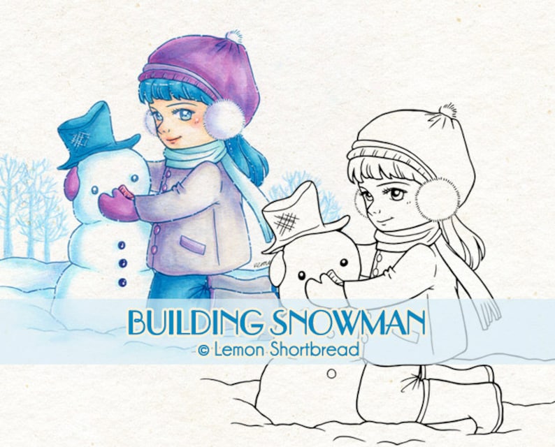 May include: Two children are building a snowman in the snow. One child is wearing a purple hat and a scarf, and is adding a button to the snowman. The other child is wearing a white hat and scarf, and is holding a snowman with a hat on its head. The text "BUILDING SNOWMAN" and "Lemon Shortbread" is at the bottom of the image.