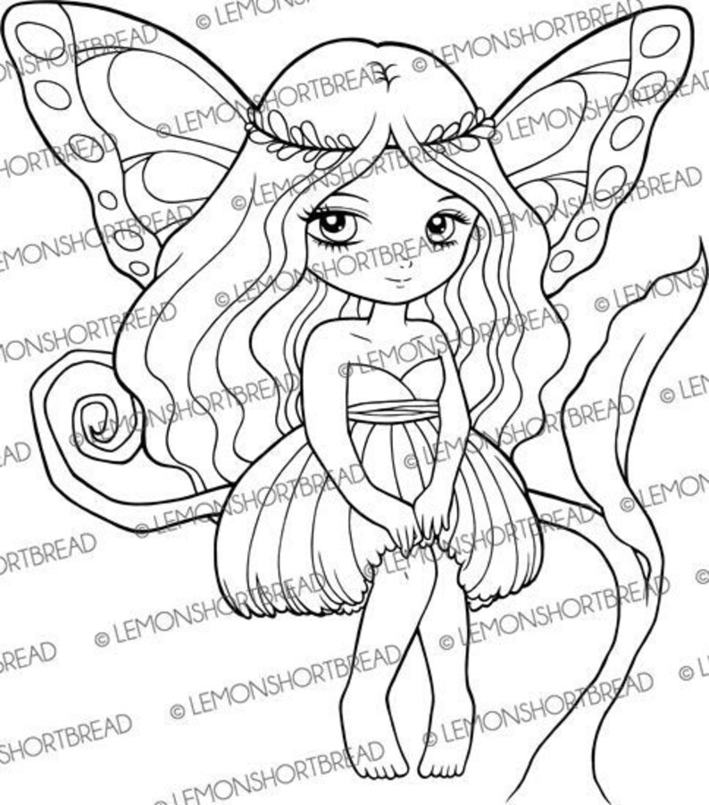 May include: A black and white line drawing of a fairy with butterfly wings. The fairy is sitting with her legs crossed and her hands in her lap. She has long flowing hair and a flower crown.