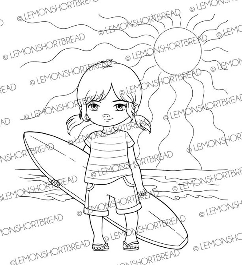 Digital Stamp Surfer Girl, Surfing Beach, Digi Download, Children Sports, Clip Art, Coloring Page, Scrapbooking image 2