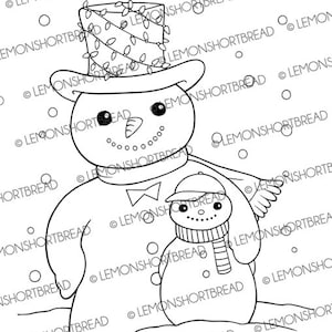 May include: A black and white line drawing of two snowmen. The larger snowman is wearing a hat with a garland of lights around it. The smaller snowman is wearing a hat and scarf. Both snowmen have simple facial features.