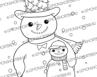 Digital Stamp Snowman and Son, Digi Christmas Winter, Frosty Snow, Line Art Drawing, Download
