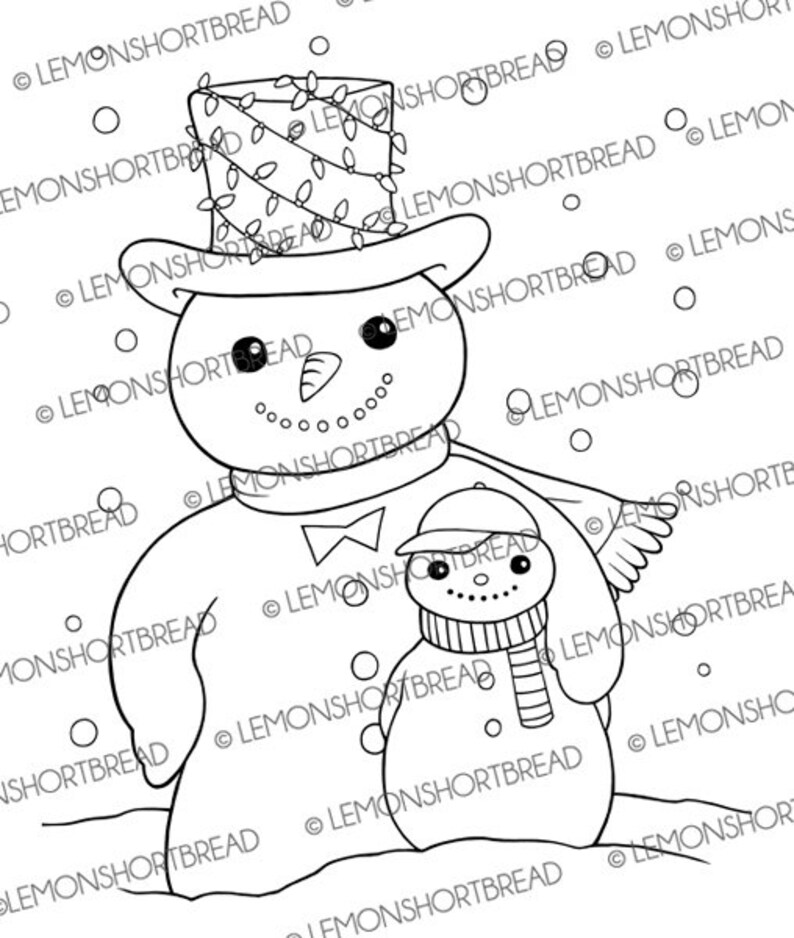 May include: A black and white line drawing of two snowmen. The larger snowman is wearing a hat with a garland of lights around it. The smaller snowman is wearing a hat and scarf. Both snowmen have simple facial features.