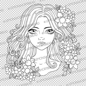 Digital Stamp Flowers Curls Girl, Digi Adult Coloring Page, Lady Face, Summer Florals, Fantasy Line Art image 2