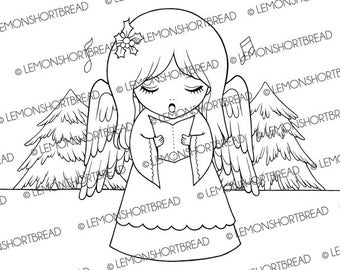 Digital Stamp Christmas Carol Angel, Digi Download Coloring Page, Winter Holidays, Carolling Child, Line Art Download
