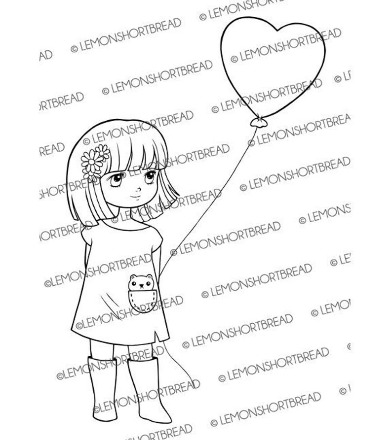May include: A black and white line drawing of a girl with short hair holding a heart-shaped balloon on a string. She is wearing a dress with a pocket and boots.