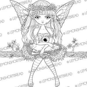 May include: A black and white line drawing of a fairy with butterfly wings sitting on a branch. She is wearing a floral crown and a dress with a skull and crossbones design.