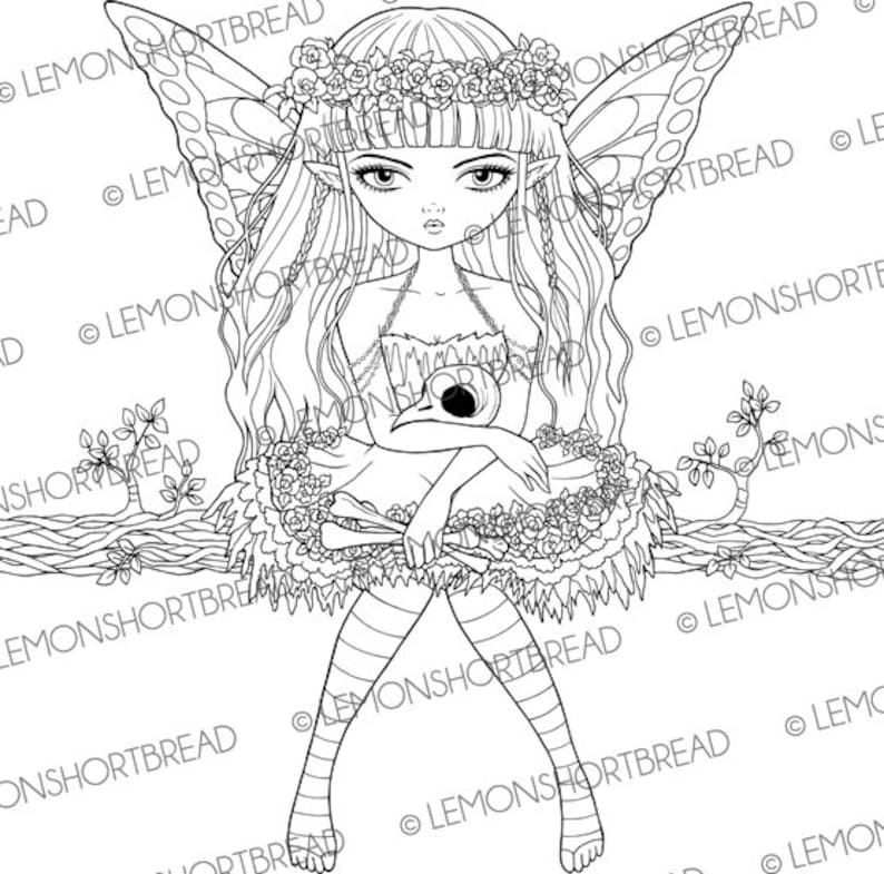 May include: A black and white line drawing of a fairy with butterfly wings sitting on a branch. She is wearing a floral crown and a dress with a skull and crossbones design.