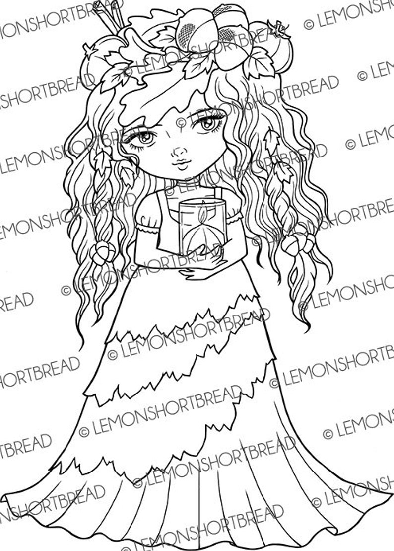 Digital Stamp Autumn Spice, Digi Fairy Girl, Pumpkin Fall Leaves, Printable Coloring Page, Fantasy Anime Art image 3