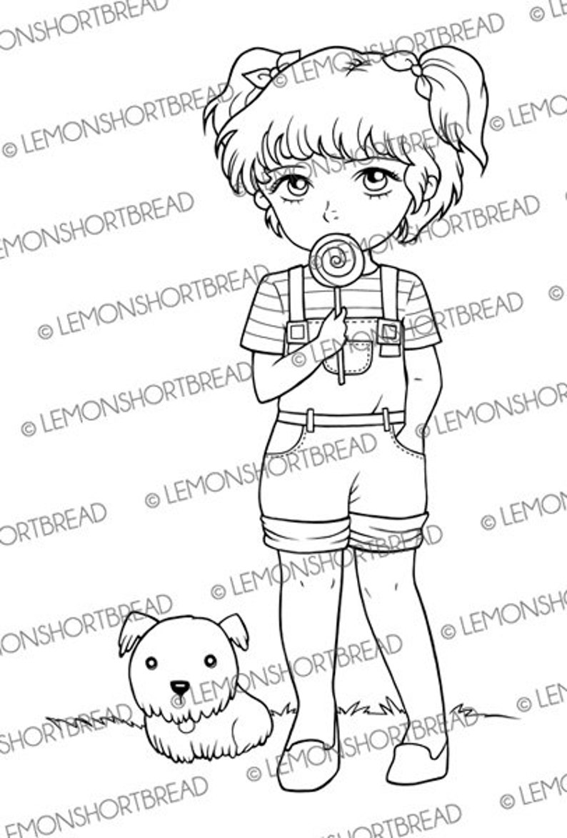 Digital Stamp Lollipop Girl with Dog, Digi Download, Children Kids Coloring Page, Puppy Pet Summer image 1