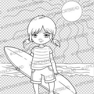 Digital Stamp Surfer Girl, Surfing Beach, Digi Download, Children Sports, Clip Art, Coloring Page, Scrapbooking image 3