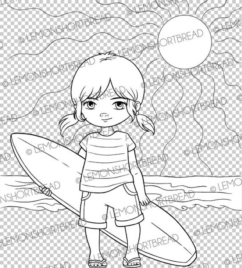 Digital Stamp Surfer Girl, Surfing Beach, Digi Download, Children Sports, Clip Art, Coloring Page, Scrapbooking image 3