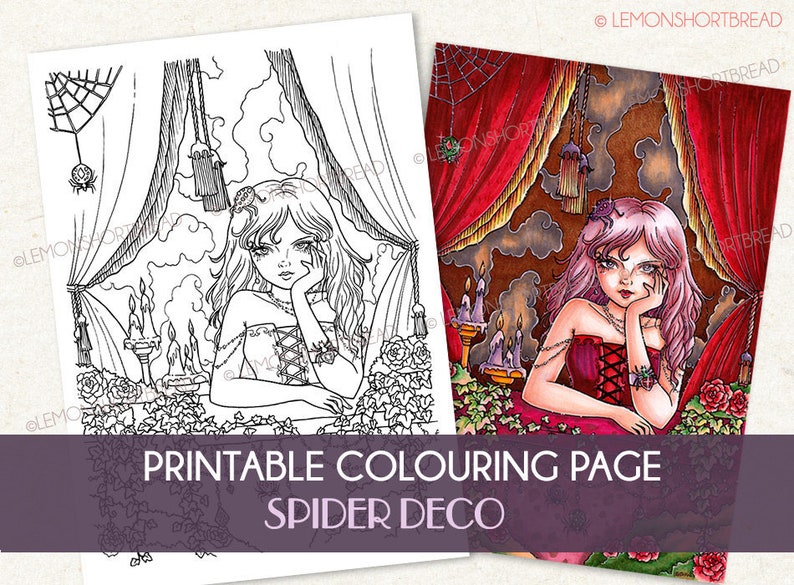 Printable Digital Colouring Page Spider Deco Girl Instant image 0