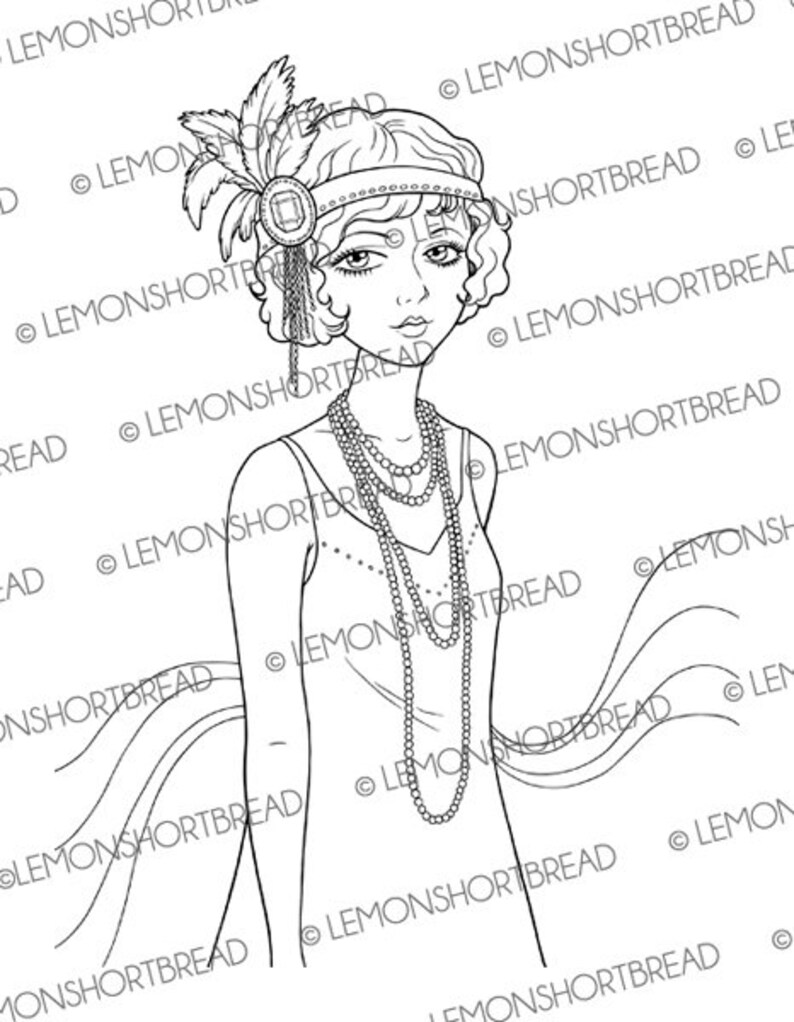 Digital Stamp Jazz Flapper Girl, Digi Art Deco Coloring Page, Vintage Fashion Summer, Clip Art Download image 2