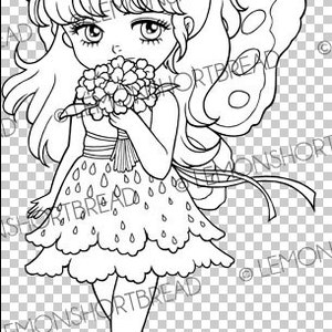 Digital Stamp Bouquet for You Fairy, Digi Coloring Page, Fantasy Anime Art, Flower Download image 2