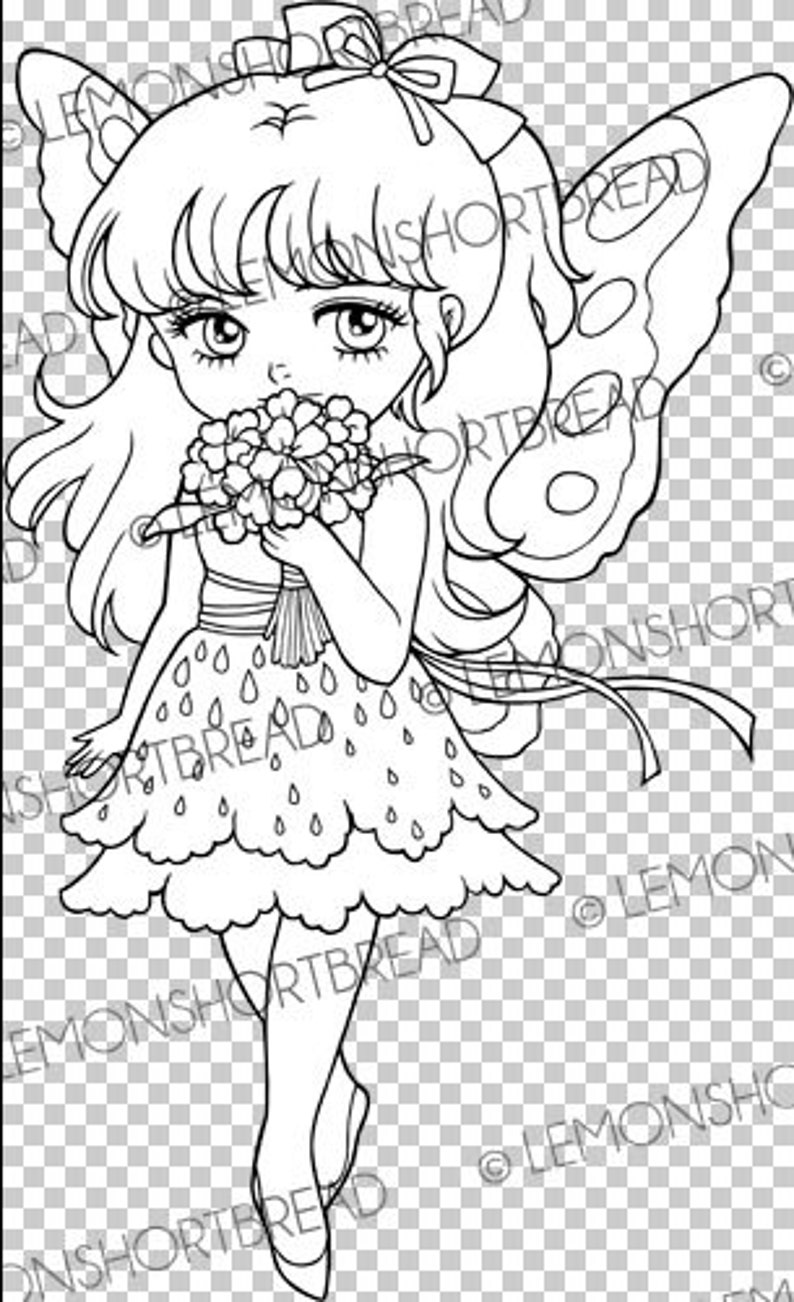 Digital Stamp Bouquet for You Fairy, Digi Coloring Page, Fantasy Anime Art, Flower Download image 2