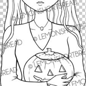 May include: Black and white illustration of a person holding a carved pumpkin. The person has long flowing hair and is wearing a long-sleeved top and a necklace. The pumpkin has a traditional jack-o'-lantern face.