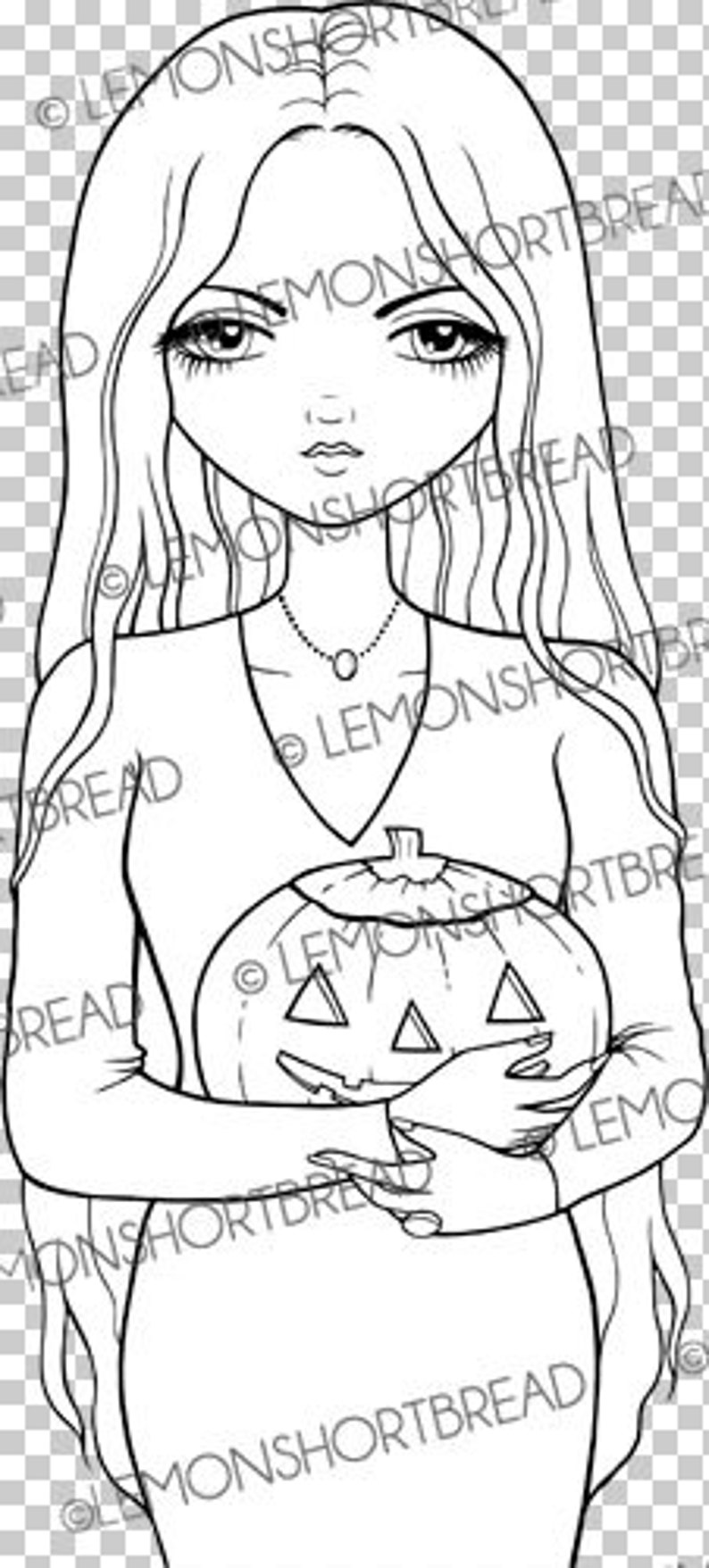 May include: Black and white illustration of a person holding a carved pumpkin. The person has long flowing hair and is wearing a long-sleeved top and a necklace. The pumpkin has a traditional jack-o'-lantern face.