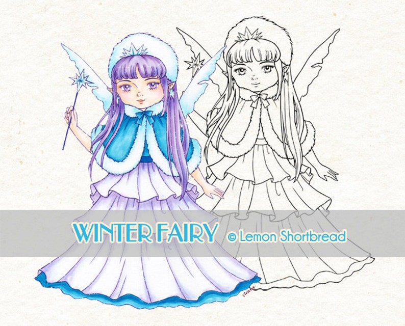 May include: A colouring page featuring a winter fairy with blue and white wings, a blue and white dress, and a blue and white crown. The fairy is holding a wand with a star on top. The text "WINTER FAIRY &copy; Lemon Shortbread" is at the bottom of the page.