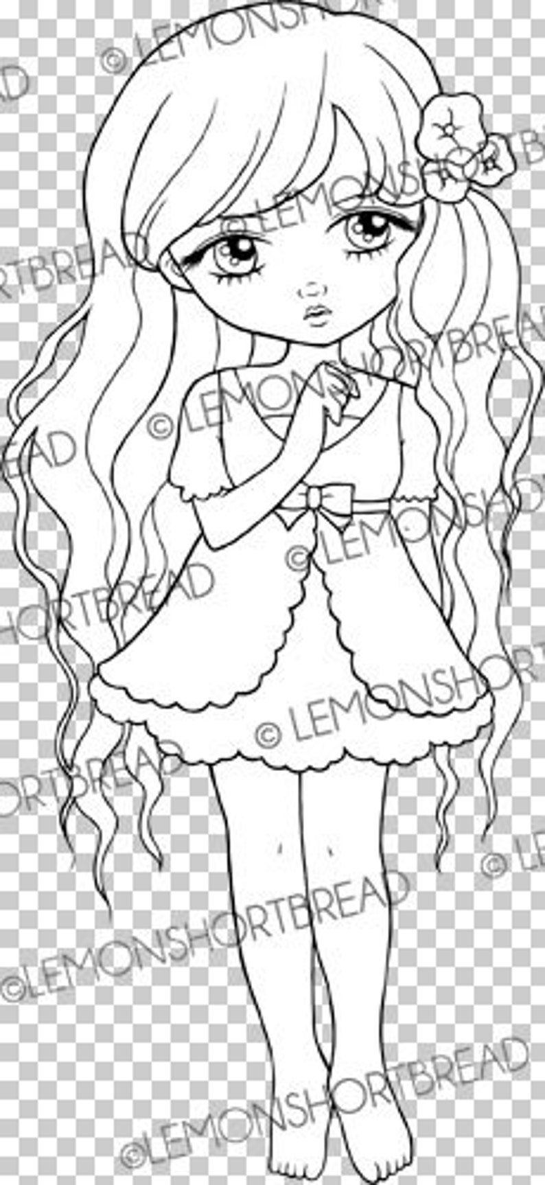 Digital Stamp Posies Girl, Digi Coloring Page, Floral Flowers, Cute Children, Thinking of You, Card Making Crafts, Anime Art image 2