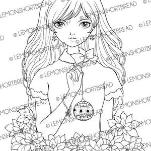 Puede incluir: Ilustraci&oacute;n en blanco y negro de una joven con cabello largo y ondulado, sosteniendo una bola de Navidad. La bola tiene un dise&ntilde;o de estrella y copo de nieve. La imagen est&aacute; rodeada de flores de pascua.