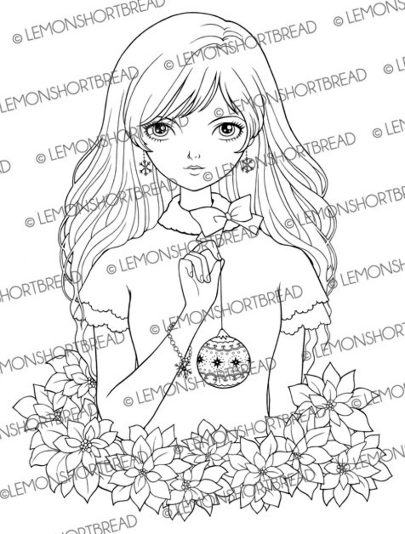 Puede incluir: Ilustraci&oacute;n en blanco y negro de una joven con cabello largo y ondulado, sosteniendo una bola de Navidad. La bola tiene un dise&ntilde;o de estrella y copo de nieve. La imagen est&aacute; rodeada de flores de pascua.