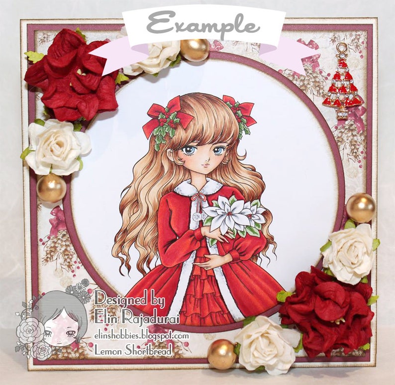 Digital Stamp Christmas Poinsettia Girl, Digi Printable Coloring Page, Winter Shoujo, Anime Art Download image 7