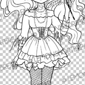 May include: A black and white line drawing of a girl with long hair, wearing a dress, boots, and a bow with a skull on it. She is holding a wand with a star on the end.