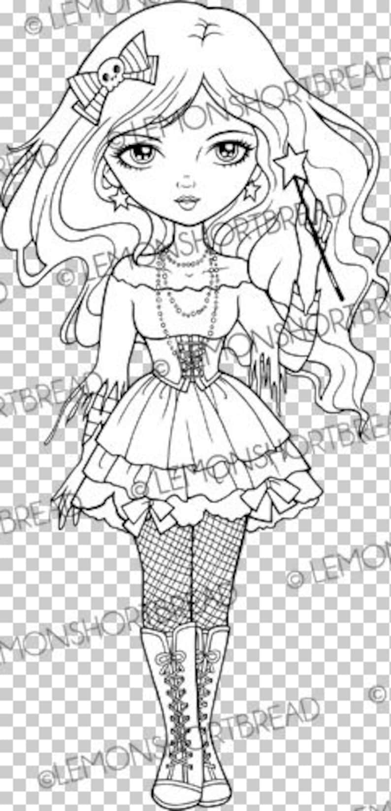 May include: A black and white line drawing of a girl with long hair, wearing a dress, boots, and a bow with a skull on it. She is holding a wand with a star on the end.