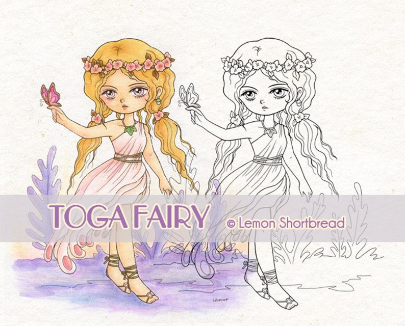 May include: A digital illustration of a fairy wearing a toga and a flower crown. She is holding a butterfly in her hand. The illustration is in a watercolour style and has a purple background. The text "TOGA FAIRY &copy; Lemon Shortbread" is at the bottom of the image.