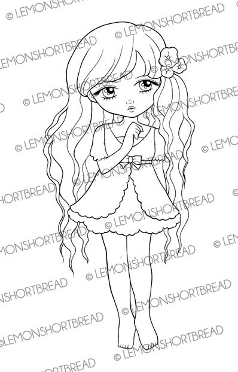 Digital Stamp Posies Girl, Digi Coloring Page, Floral Flowers, Cute Children, Thinking of You, Card Making Crafts, Anime Art image 1