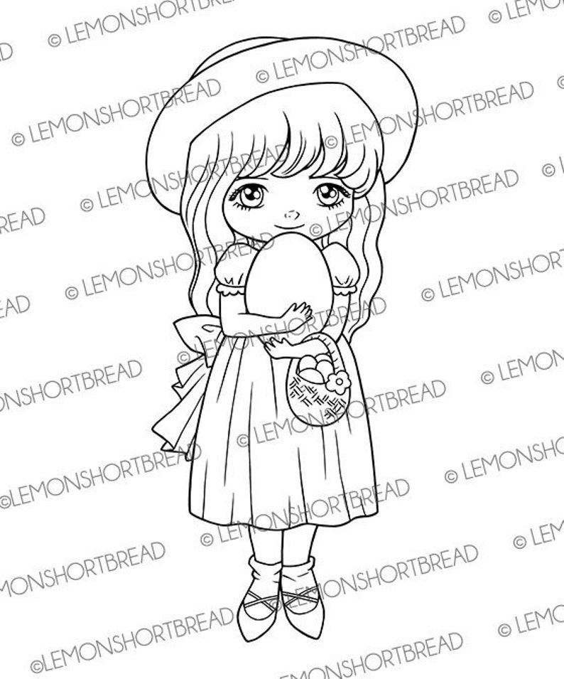 Easter Egg Digital Digi Stamp Download, Girl Basket Eggs, Coloring Page, Scrapbooking Clip Art Graphic, Children's Craft image 2