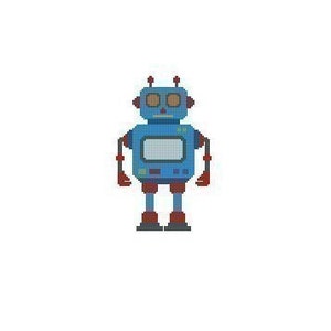 May include: A blue robot with red arms and legs, a white screen, and two antennas. The robot has a pixelated design.