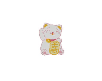 Cute Japanese Maneki Neko Lucky Cat Cross Stitch Chart Pattern PDF