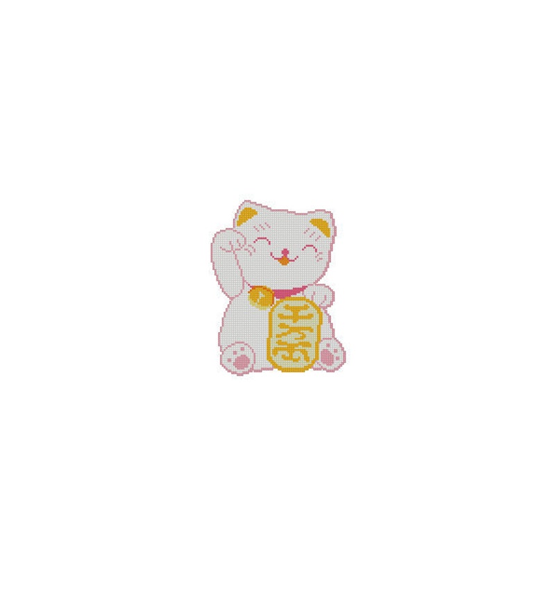 Cute Japanese Maneki Neko Lucky Cat Cross Stitch Chart Pattern PDF image 1