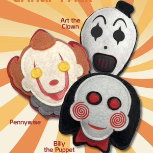 May include: A set of three felt catnip toys shaped like creepy clowns. The toys are named "Art the Clown", "Pennywise", and "Billy the Puppet".