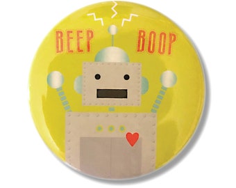 Beep Boop Robot - Abridor/Llavero de Botella de 2.25", Espejo de Bolsillo, Imán o Botón Pin-back