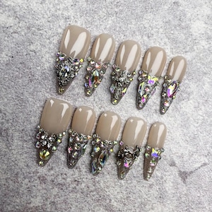 Luxurious Long Almond Press On Nails in Blush Pink with Iridescent Rainbow Gems, Fake Nails for Bridal Weddings and Elegant Celebrations
