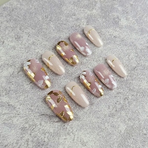 Almond Press On Nails in Shimmering Pink with 3D Golden Leaves and White Flowers, Sparkling Accents, Fake Nails for Weddings and Parties