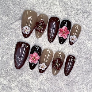 Floral Almond Press-On Nails in Earthy Tones with 3D Pink and White Blossoms, Gold Detailing, Ideal for Weddings and Elegant Events