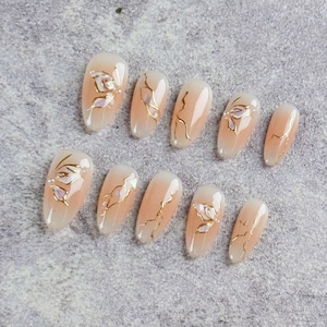 Refined Almond Press On Nails with Pink Gradient,Gold Lightning Designs,Lavender Petals and Pearls,Fake Nails for Formal Events and Weddings