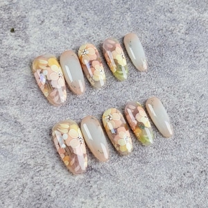 Romantic Almond Press On Nails in Soft Pastel Gradient with 3D Pink White Yellow Floral Art and White Bead Centers, Fake Nails for Weddings