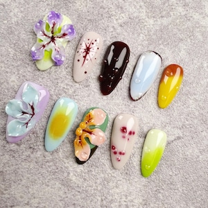 Soft Almond Press-On Nails with Sunset Gradient and Pastel Florals, Perfect for Spring Outings and Feminine Daily Wear