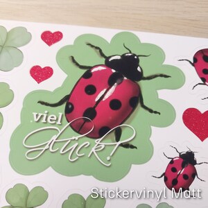 Stickerbogen "Viel Glück", 21 Sticker, Marienkäfer, Kleeblatt, Herz