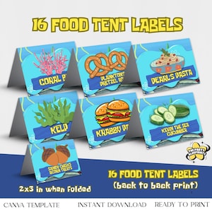 May include: Set of 16 food tent labels with a blue and yellow design. Each label features a different food item, including coral, pretzels, pasta, kelp, burgers, cucumbers, and acorns. The labels are 2x3 inches when folded.